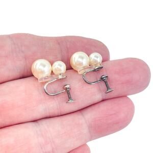 Vintage Sterling Silver 925 Faux Pearl Double Drop Screwback Earrings